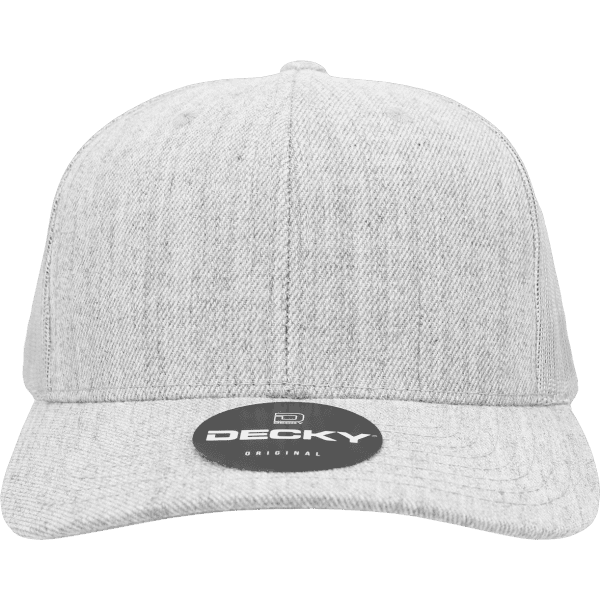 A light grey, six-panel, mid-profile structured trucker cap with a circular logo on the front.