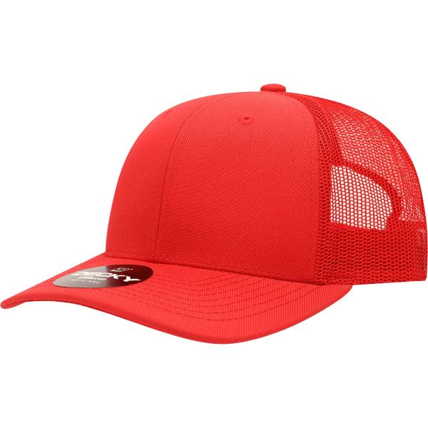 A red 6 Panel Mid Pro Acry/Poly Trucker cap with a mesh back and a logo patch on the front.