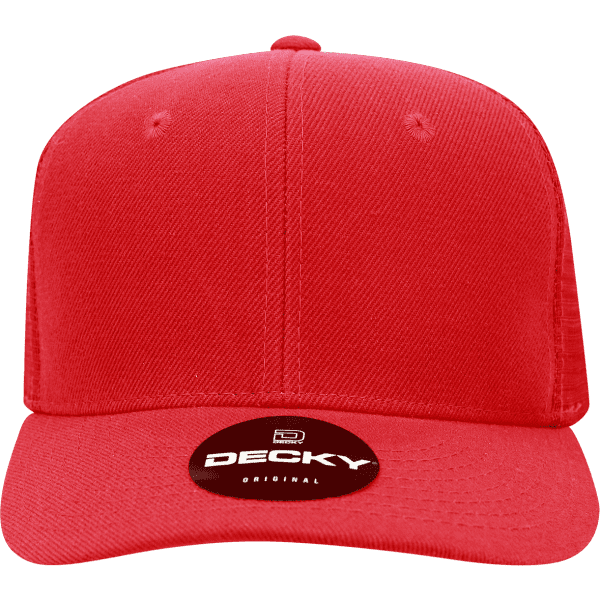 A red 6-panel mid-profile structured trucker cap with a logo on the front.