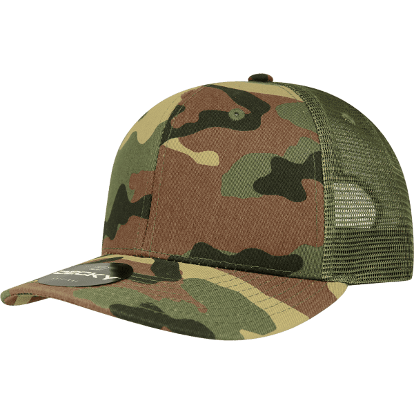 A camo-patterned trucker cap in shades of green and brown, featuring a mesh back and a logo on the front.