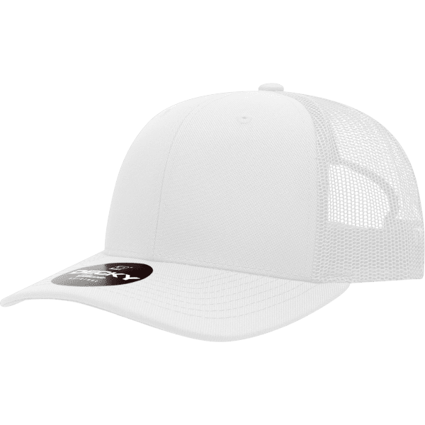 A white 6-panel mid-profile trucker cap with a mesh back and a branded tag.