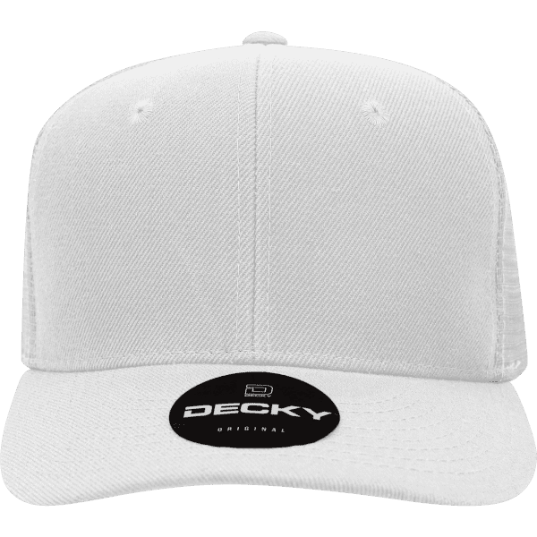 A white 6-panel mid profile structured trucker cap featuring a branded badge on the front.