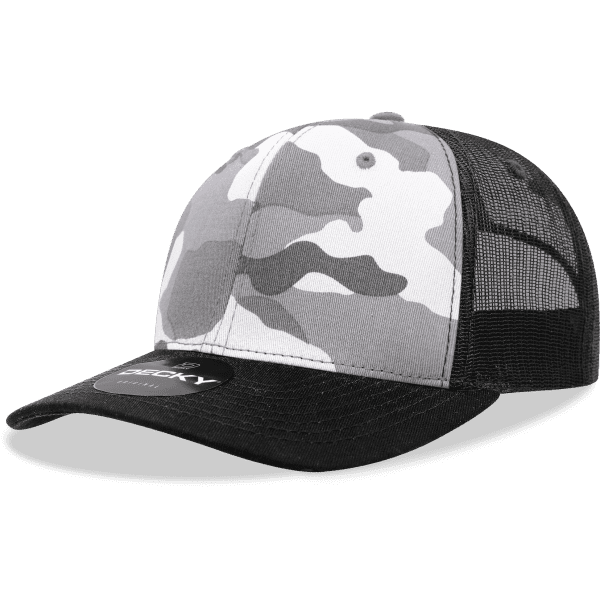 A grey and black camo trucker cap with a structured mid-profile design and a mesh back. It features a logo.
