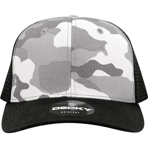 A structured mid-profile trucker cap in grey and black camo pattern, featuring a branded logo on the front.