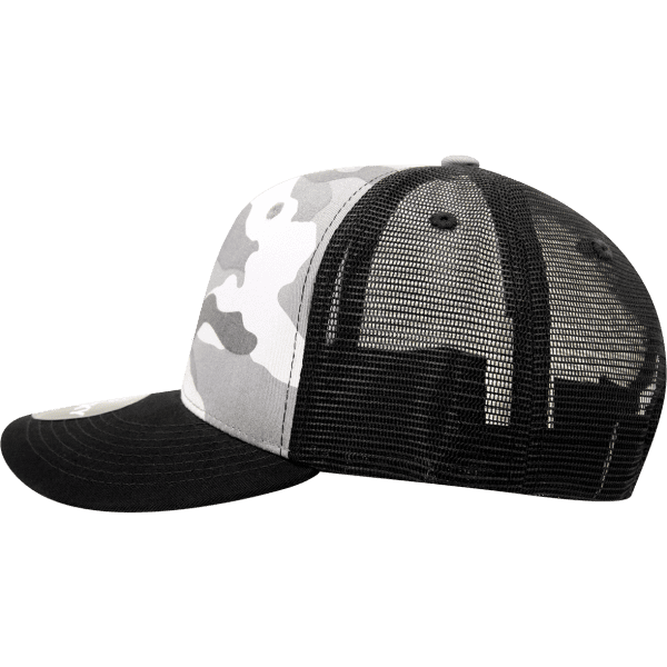 A camo trucker cap in grey and black, featuring a structured mid-profile design and a mesh back.