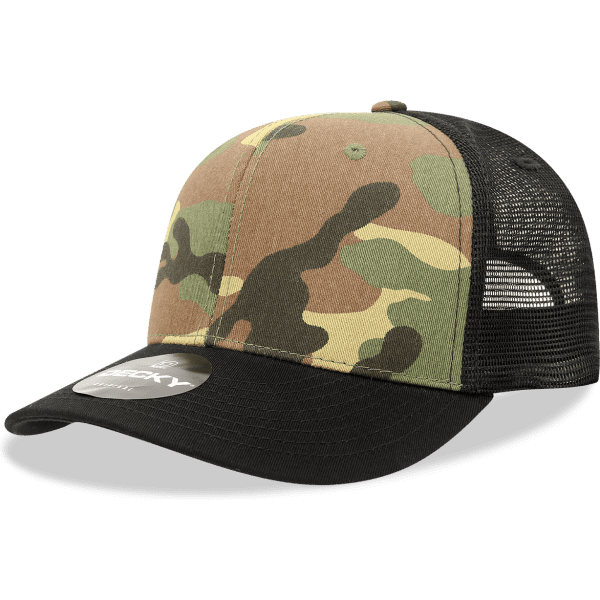 A camo-patterned cap featuring a black mesh back and a curved brim. It has a logo on the front.