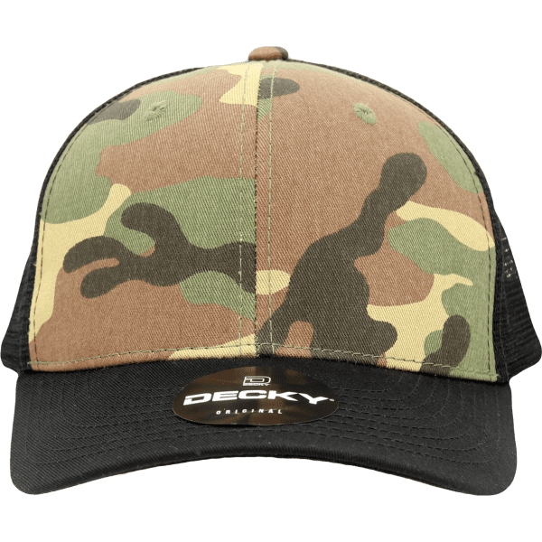 A camo trucker cap featuring a 6-panel structured design in earthy tones, with a black mesh back and logo.