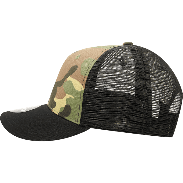 A camo trucker cap featuring a mid-profile structured design with green, brown, and black colours. It includes a logo.