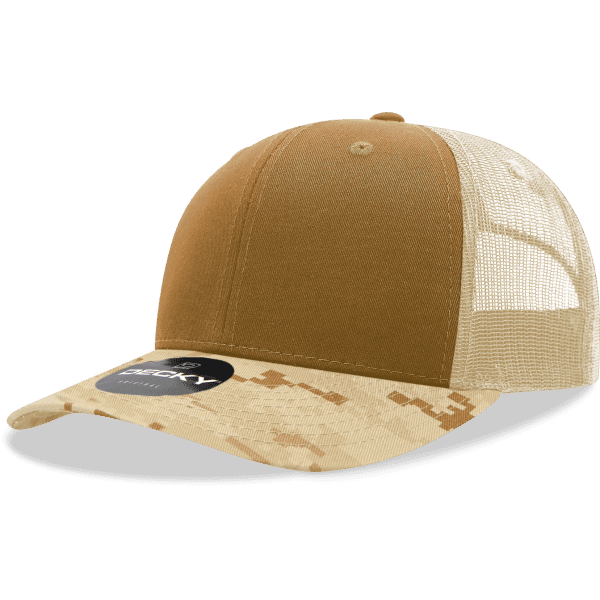 A brown and camo trucker cap with a mesh back and a round logo on the front.