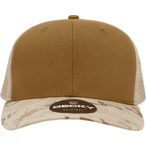 A structured camo trucker cap featuring a brown front panel and a camouflaged brim, with a logo on the front.