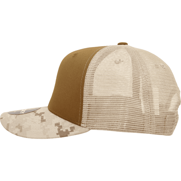 A structured 6-panel trucker cap in camo pattern with a tan front and mesh back. Features a logo.