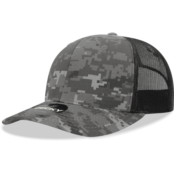 A grey camo trucker cap with a mesh back and a logo on the front.