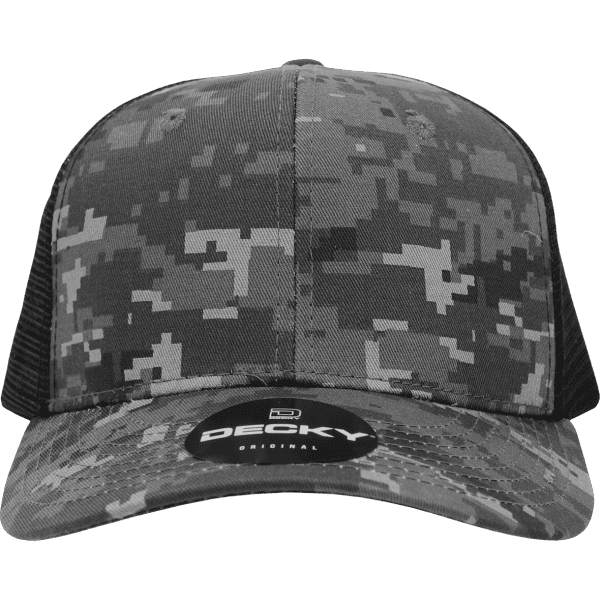 A grey camo trucker cap with a mid-profile and structured design, featuring a black mesh back and a logo patch.