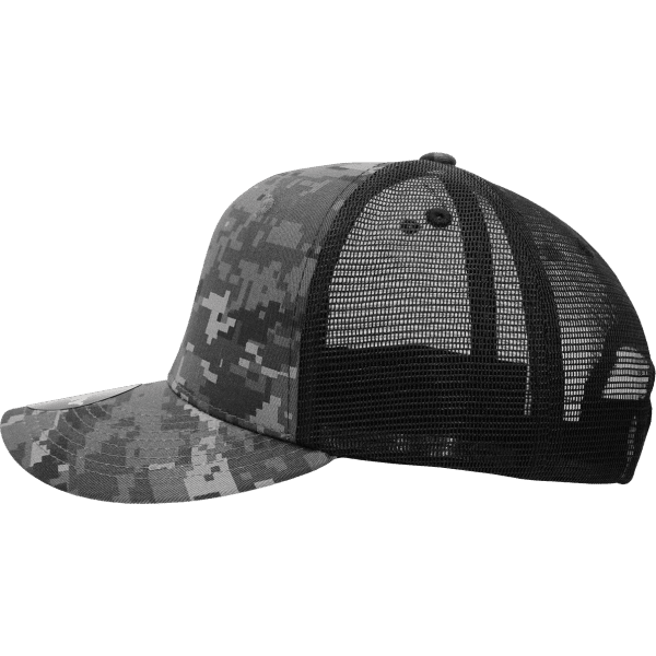A structured six-panel trucker cap in grey camouflage with a black mesh back and an adjustable snap closure.