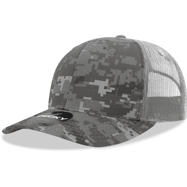 A grey camo trucker cap with a mesh back and a logo on the front.