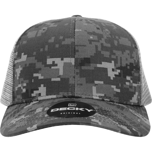 A grey camo trucker cap featuring a structured mid-profile design and a mesh back, with a branded logo.