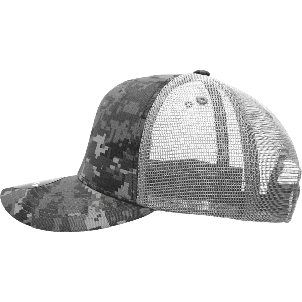 A grey and camo-patterned trucker cap with a structured design and mesh back, featuring a small logo.