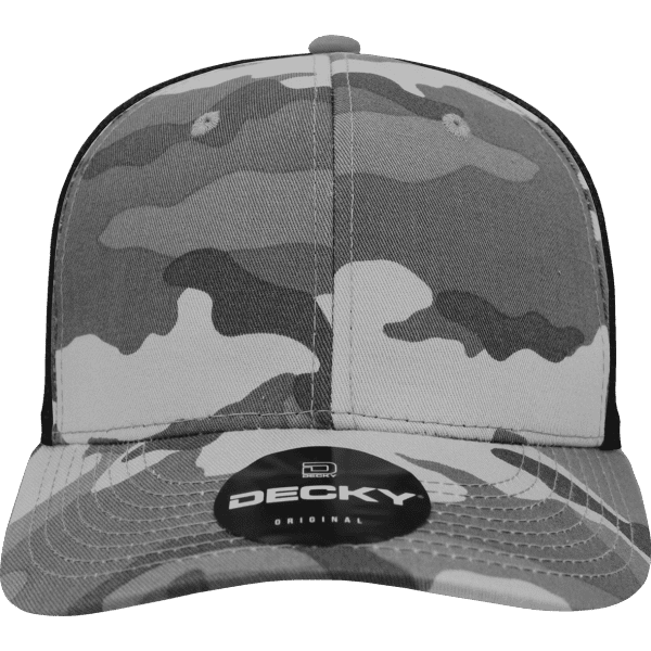 A structured mid-profile trucker cap in grey camouflage with a black mesh back and a logo on the front.
