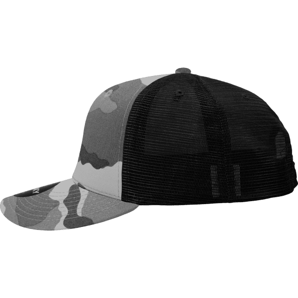 A grey camo trucker hat with a structured mid-profile design and a black mesh back. Features a logo.