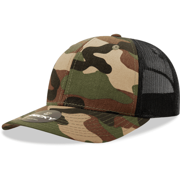 A camo trucker cap featuring a six-panel design with a black mesh back and a curved brim.