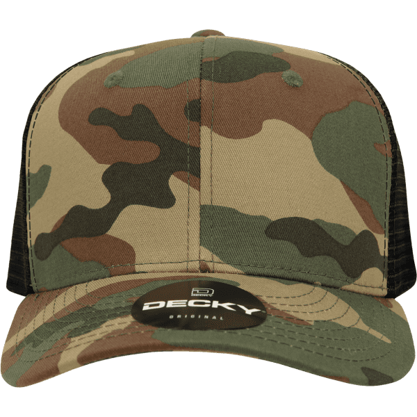 A structured camo trucker cap in shades of green and brown with a black mesh back and a logo.