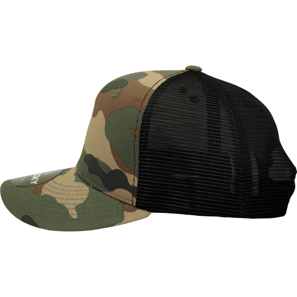 A camo trucker cap in green and brown shades, featuring a structured mid-profile design and a black mesh back.