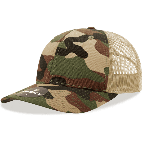 A camo-patterned trucker cap featuring a beige mesh back and a logo on the front.