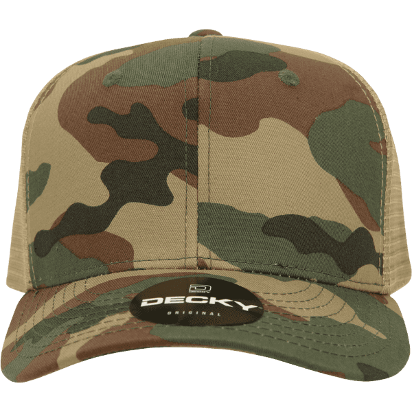 A camo trucker cap featuring an olive and brown camouflage pattern and a structured mid-profile design.