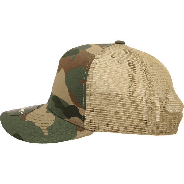 A camo trucker cap featuring a mid-profile design and structured shape, with a mesh back in tan and green colours.