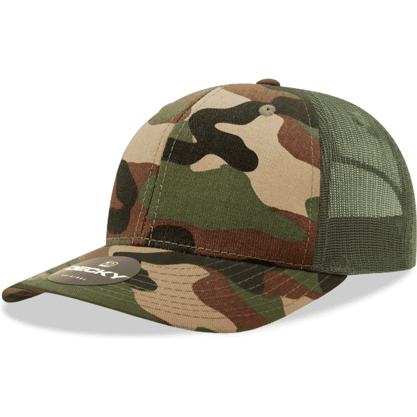 A camo-patterned trucker cap in green and brown tones with a mesh back and a branded tag.