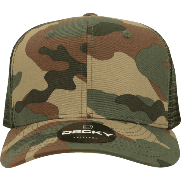 A six-panel mid-profile structured trucker cap in camo design featuring shades of green, brown, and black. Includes a logo.