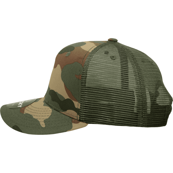 A camouflage trucker cap featuring a structured mid profile and mesh back in varying shades of green and brown.