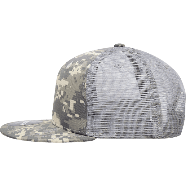 A high-profile structured camo trucker cap featuring a grey and camouflage pattern design with a mesh back.