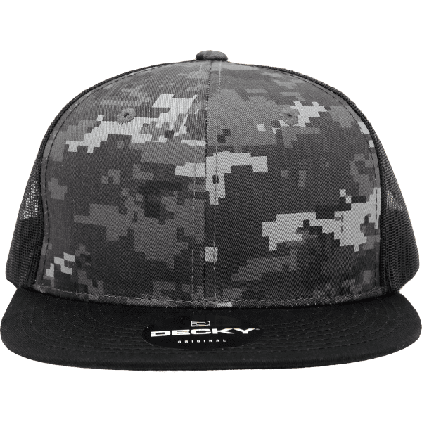 A structured six-panel trucker cap in grey camo with a black brim and a logo on the front.