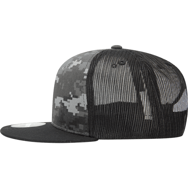 A camo-patterned trucker cap in grey and black with a structured high profile and mesh backing.