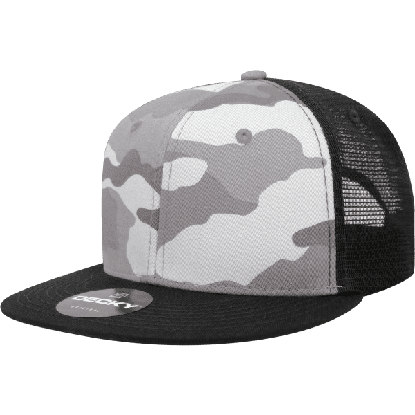 A grey and white camo trucker cap with a black visor and mesh back, featuring a logo on the front.
