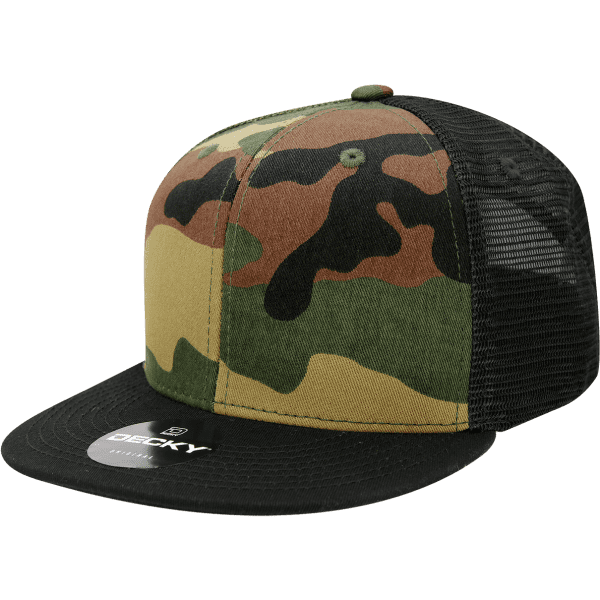 A camo trucker cap in green, brown, and black with a mesh back and a branded logo on the front.