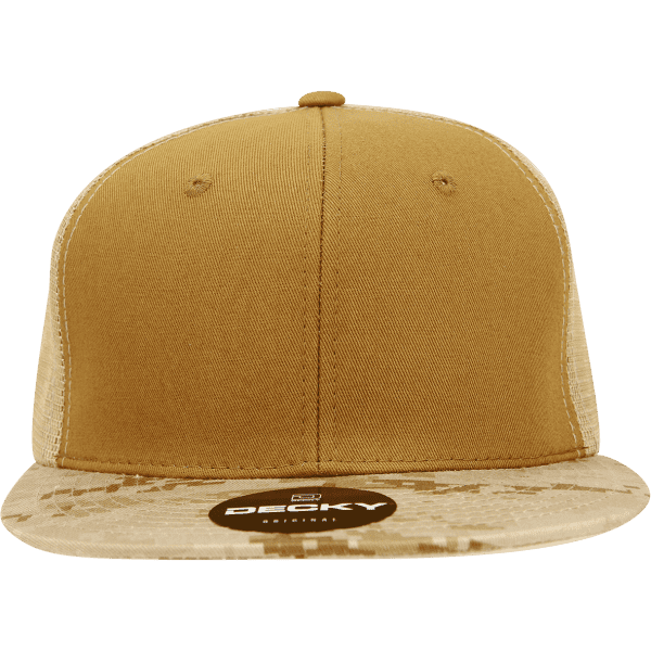 A high profile structured trucker cap in tan with a camo patterned brim. It features a logo on the front.