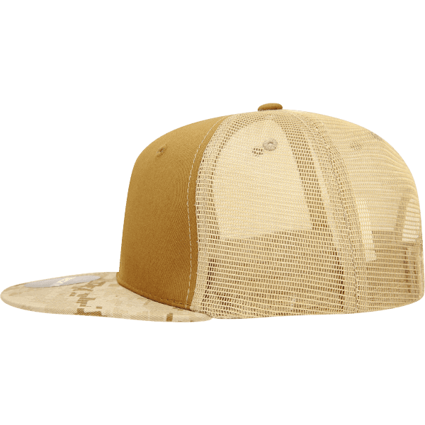 A camo trucker cap featuring a structured high profile in khaki and tan colours, with a mesh back and a flat brim.