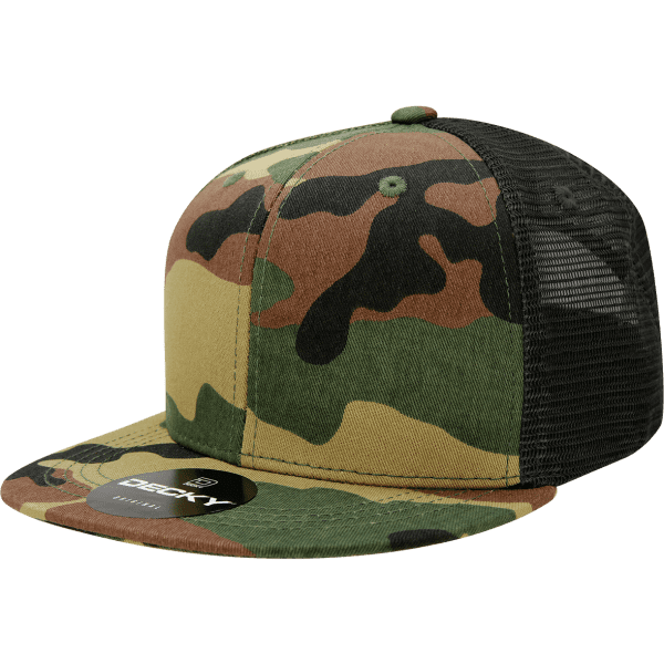 A camo trucker cap featuring a green, brown, and tan camouflage design with a black mesh back and a branded logo.