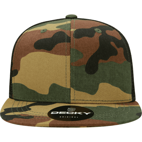 A camo trucker cap featuring a high-profile structured design in shades of green, brown, and tan with a logo on the front.
