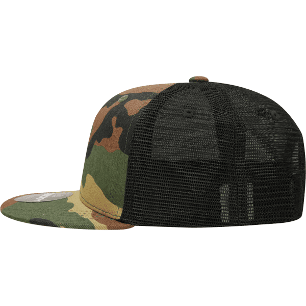 A camo trucker cap featuring a structured high profile design with a mesh back. Colours include green, brown, and black.