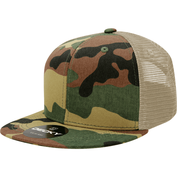 A camo trucker cap featuring a six-panel design with green, brown, and tan colours. It has a mesh back and a logo.