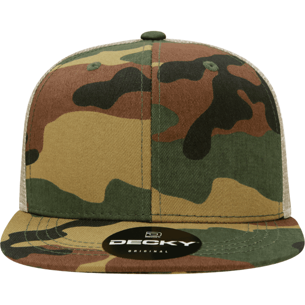 A structured high-profile trucker cap in green and brown camo, featuring a logo on the front.