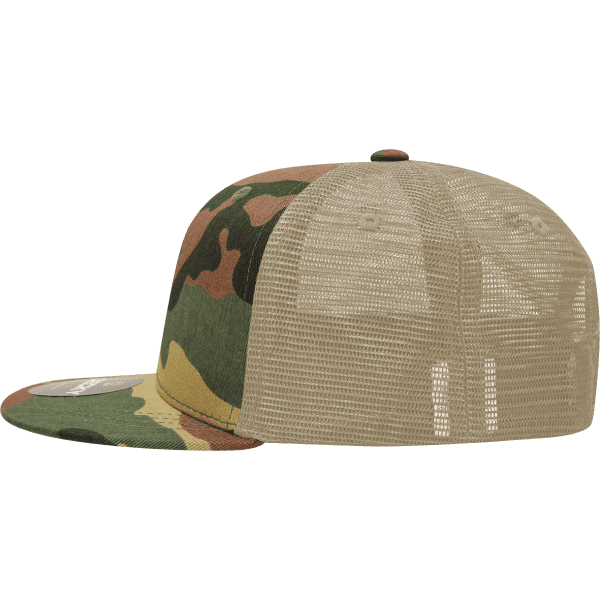 A high-profile structured trucker cap in camouflage with a mesh back and a flat brim. It features a logo.
