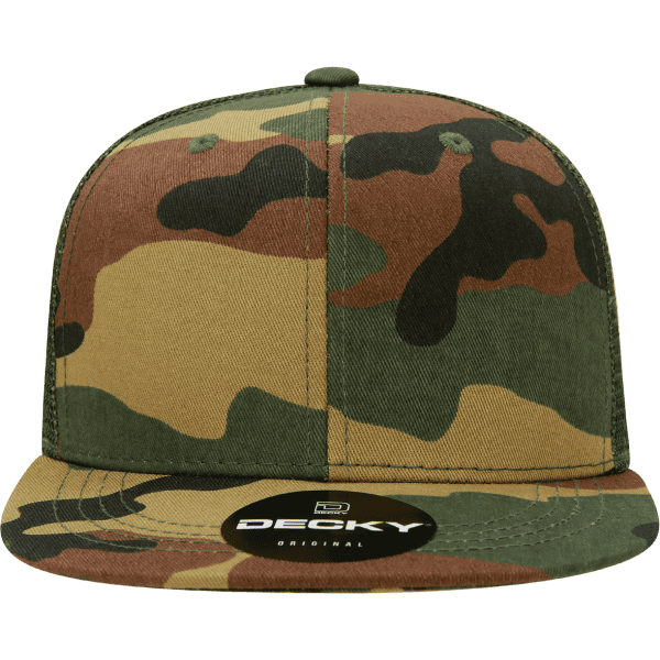 A structured 6-panel cap featuring a camouflage pattern in green, brown, and tan, with a black logo patch.