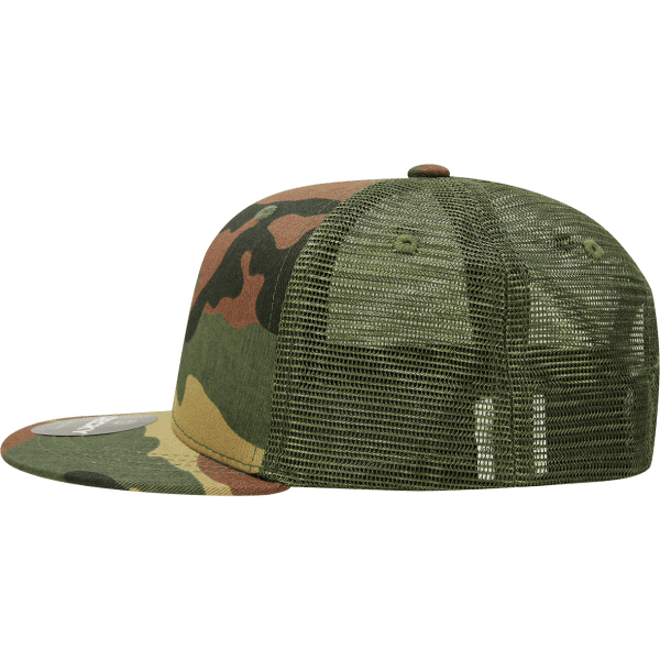 A camo trucker cap featuring a structured high profile and a mesh back in green, brown, and beige colours.