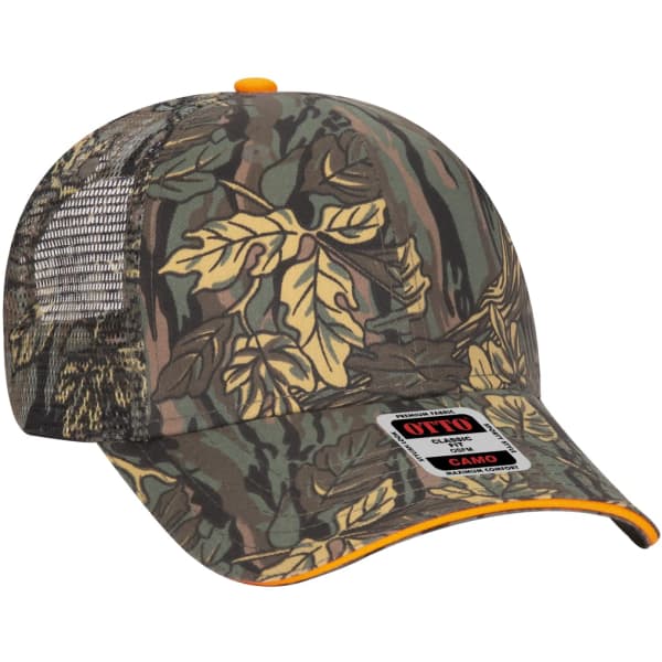 A 6 panel trucker hat in a camo pattern with yellow leaves and a mesh back, featuring a branded logo.