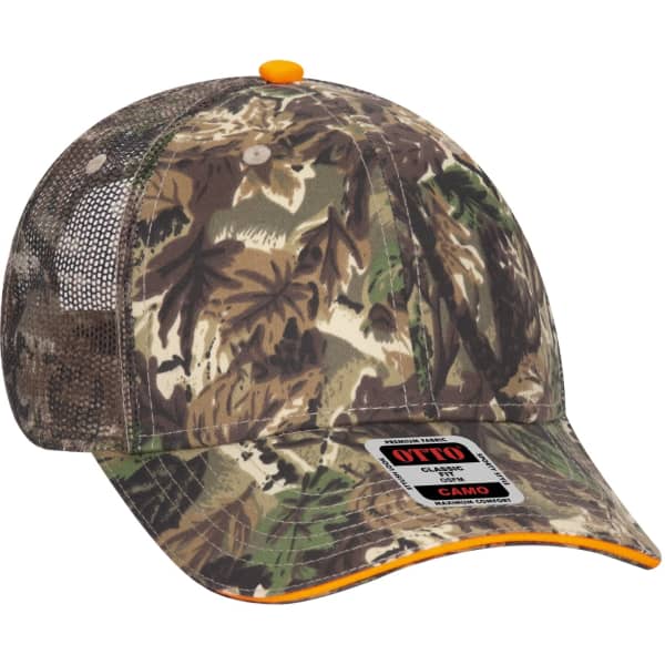 A camo 6 panel trucker hat with a mesh back and a logo on the front. Features an orange accent button.