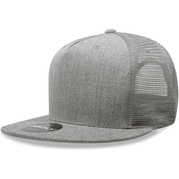 A grey 5-panel trucker cap with a mesh back and a flat brim, featuring a logo on the front.